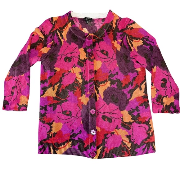 Talbots Sweater Womens Large Pink Purple Cashmere Cardigan Floral 3/4 Sleeve - Picture 1 of 9